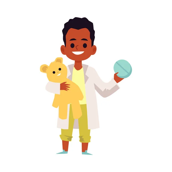 Kid doctor Africano americano menino personagem, plana vetor ilustração isolado. —  Vetores de Stock