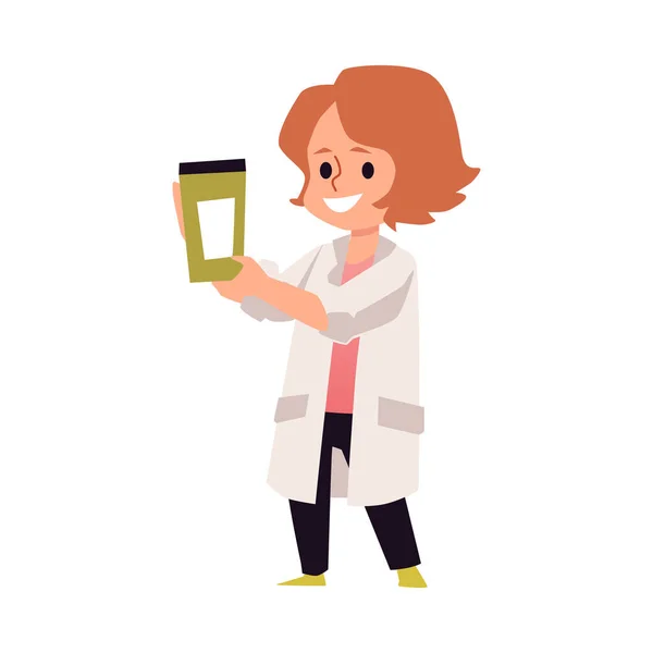 Drôle petite fille médecin avec pot de médicaments plat vecteur illustration isolé. — Image vectorielle