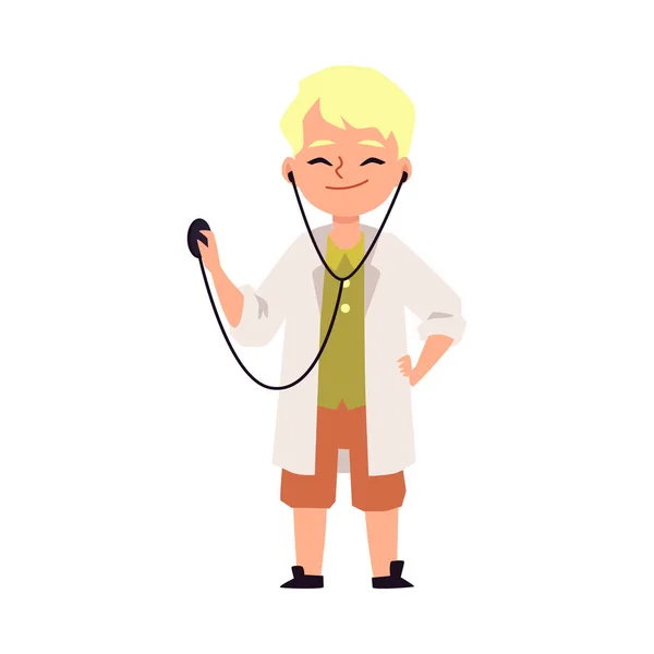 医者を演じる子供の男の子の漫画のキャラクター、フラットベクトルイラスト孤立. — ストックベクタ