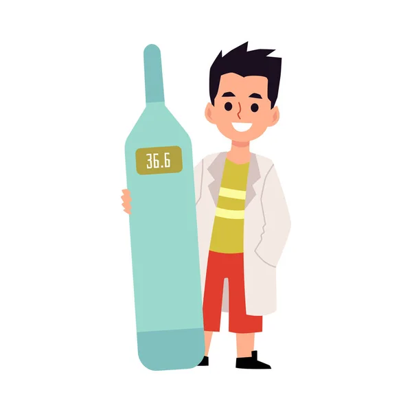 Tiny child boy doctor with giant thermometer, flat vector illustration isolated. — Stock Vector