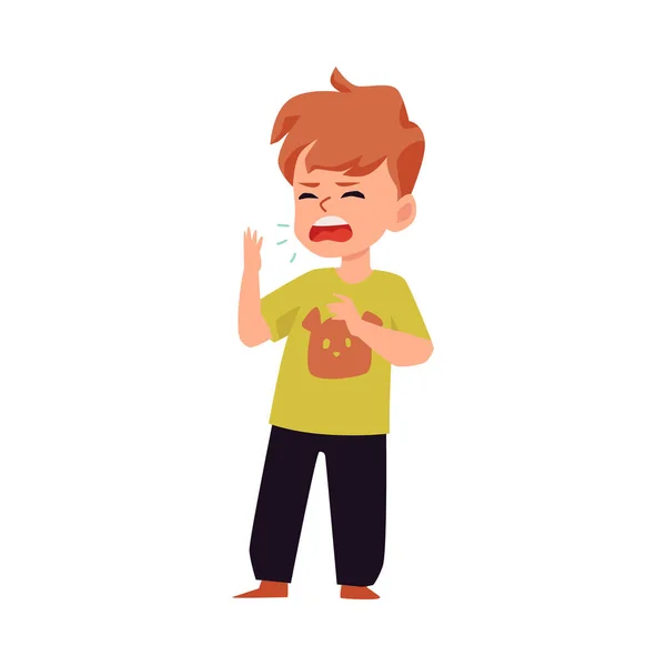 Kleine kind niezen - cartoon jongen met koude of griep niezen symptoom — Stockvector