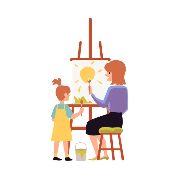 Mãe e filha interessados em pintar juntos ilustração vetorial plana isolado. —  Vetores de Stock