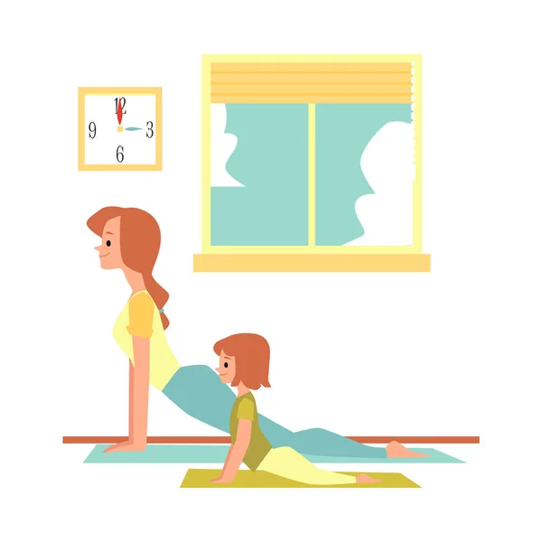 Madre e hija practicando yoga juntas en casa, ilustración vectorial plana. — Archivo Imágenes Vectoriales