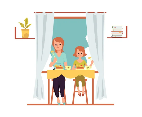 Сім'я їсть разом мати і дочка плоска Векторні ілюстрації ізольовані . — стоковий вектор