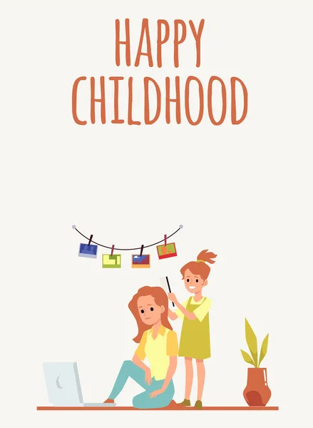 Mutlu çocukluk kartı ya da anne-kız düz vektör çizimi posteri. — Stok Vektör