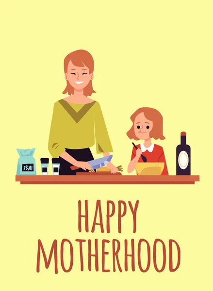 Happy motherhood banner with mother and daughter flat vector illustration.