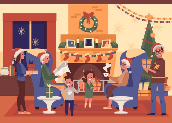 Familj jul i mysigt vardagsrum interiör, tecknade människor firar — Stock vektor