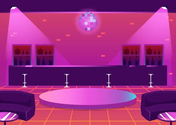 Lege nachtclub of bar met balie en dansvloer, vlakke vectorillustratie. — Stockvector