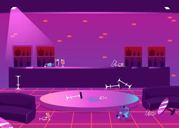 Lege nachtclub interieur in puinhoop na partij platte cartoon vector illustratie. — Stockvector
