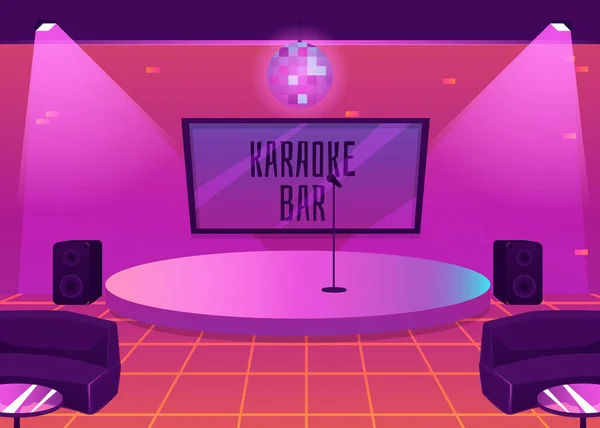 Karaoke bar interior con escenario para interpretación musical ilustración vectorial plana. — Vector de stock