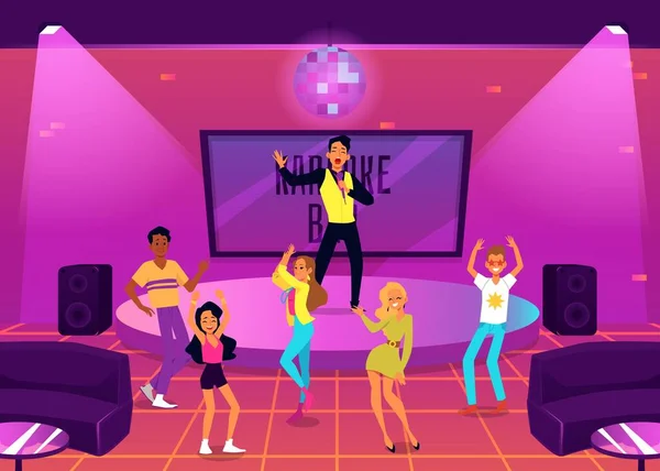 Personas que tienen fiesta de baile y música en Karaoke bar ilustración vector plano. — Archivo Imágenes Vectoriales