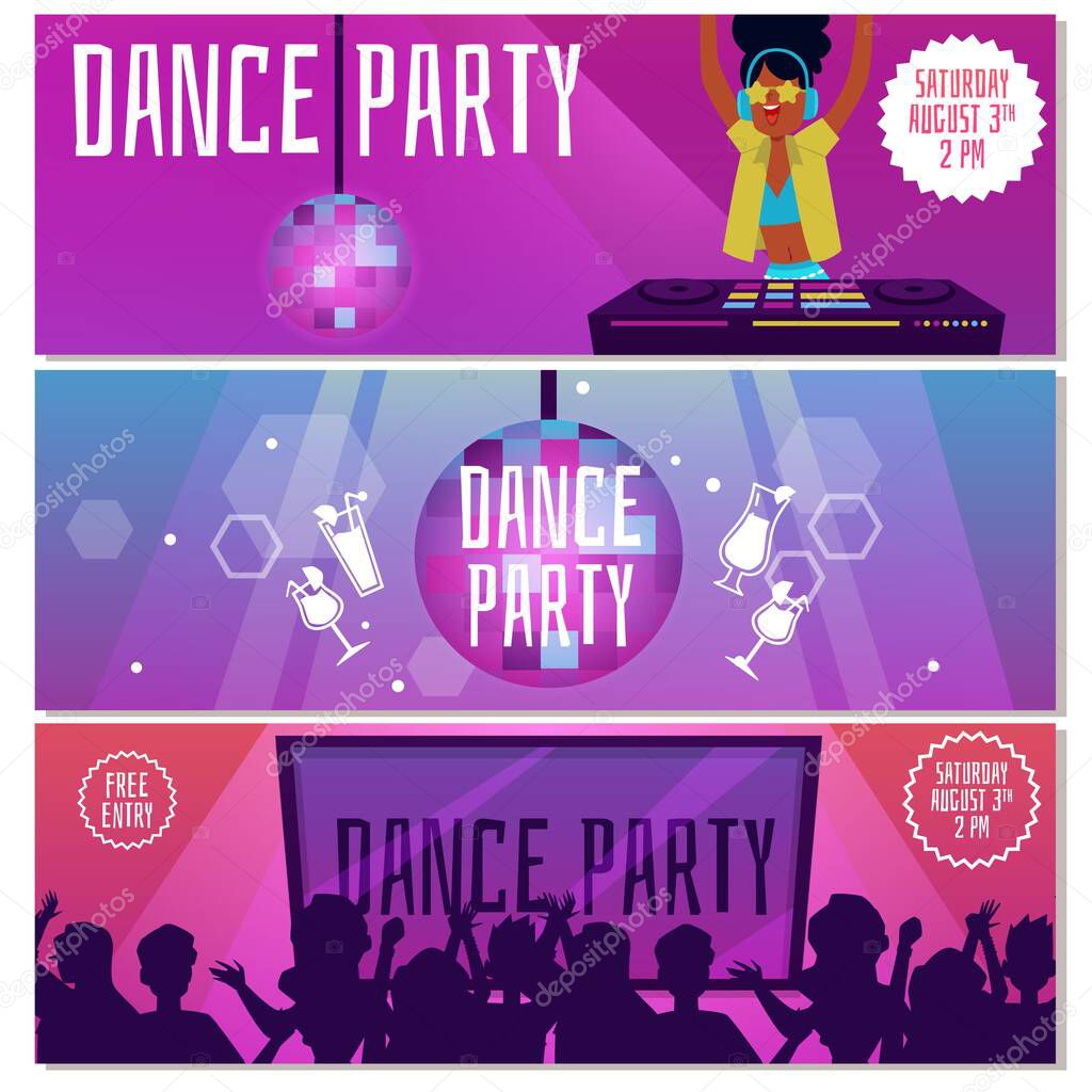 Dance party banner templates for website set of flat vector illustration.