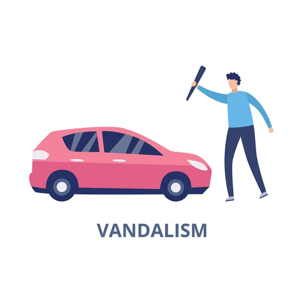 Vandalisme de voiture avec l'homme frappant l'automobile, illustration vectorielle plat isolé. — Image vectorielle