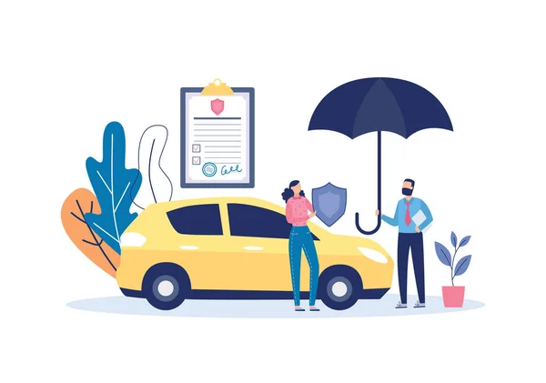 Banner de seguro de automóvil con agente sosteniendo un paraguas, ilustración de vector plano. — Archivo Imágenes Vectoriales