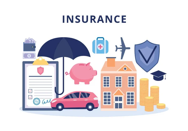 Póliza de seguro para la propiedad y la salud banner plana vector ilustración. — Vector de stock
