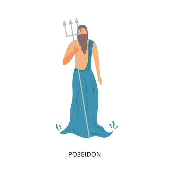 Mar y océano griego dios Poseidón con tridente, vector plano ilustración aislado. — Vector de stock
