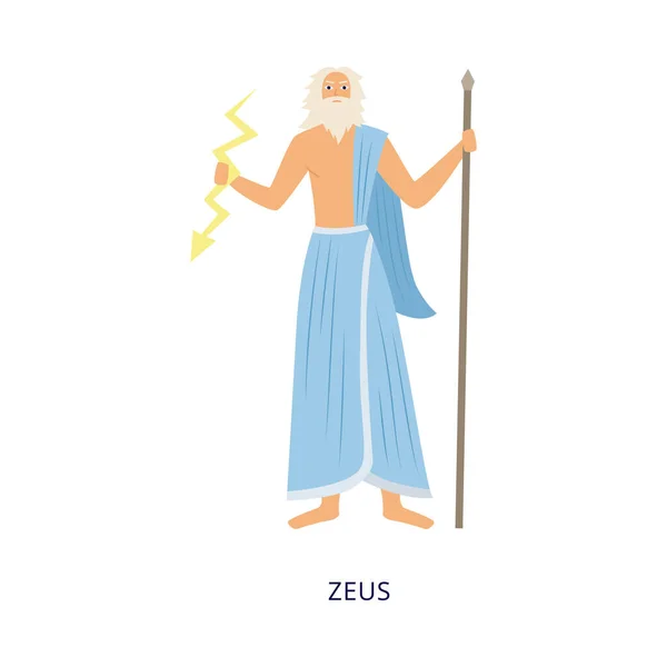Dios olímpico griego Zeus con rayo ilustración vectorial plana aislada. — Vector de stock