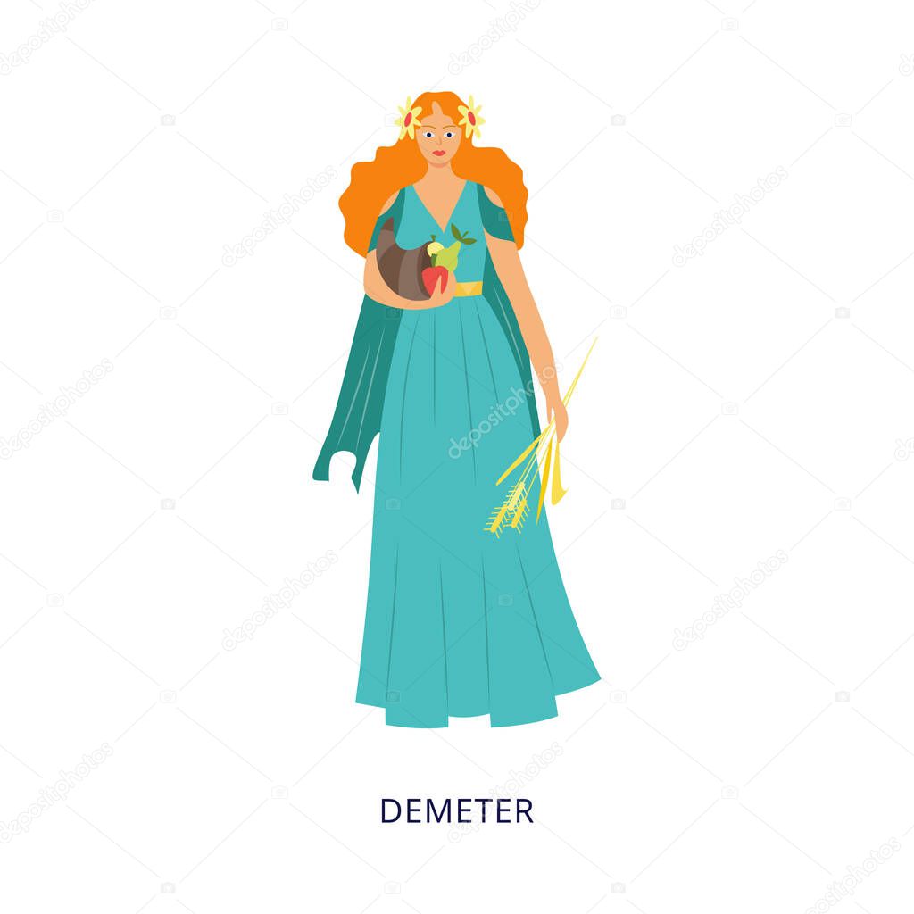 Demeter greek goddess of Olympian pantheon, flat vector illustration isolated.