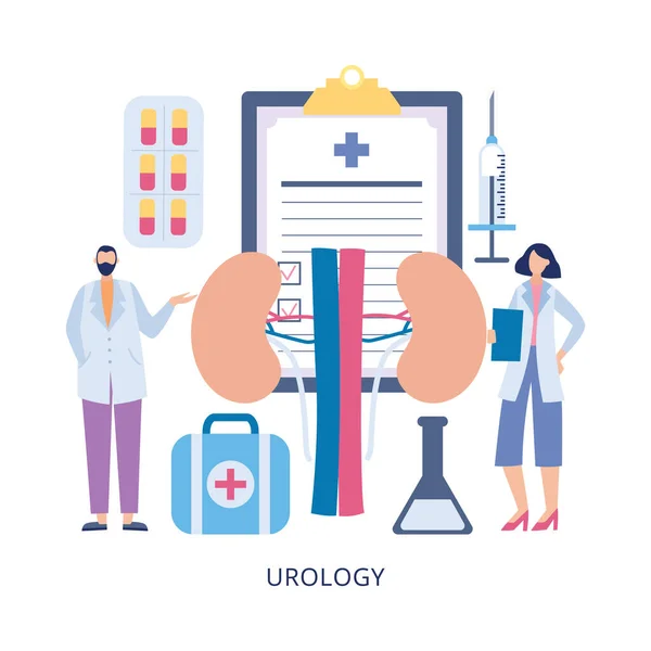 Exame médico de urologia e verificação de rins ilustração vetorial plana. — Vetor de Stock