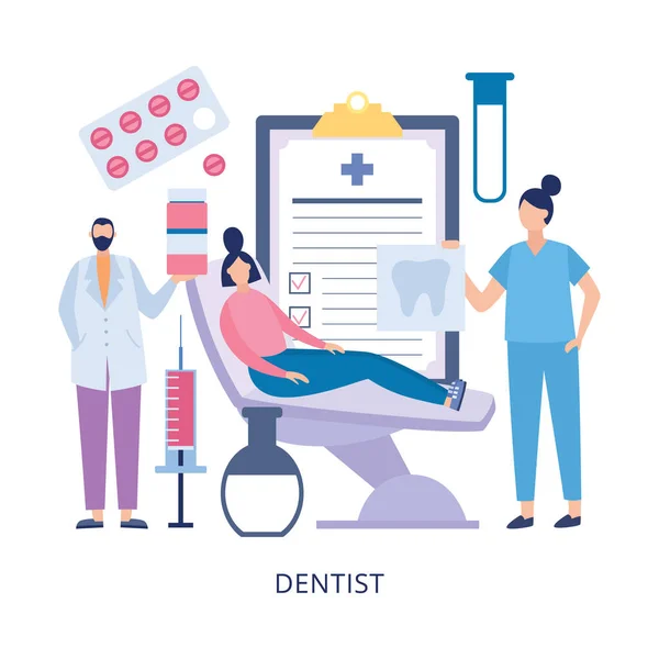 Tratamento médico odontológico com dentista e paciente ilustração vetorial plana. —  Vetores de Stock