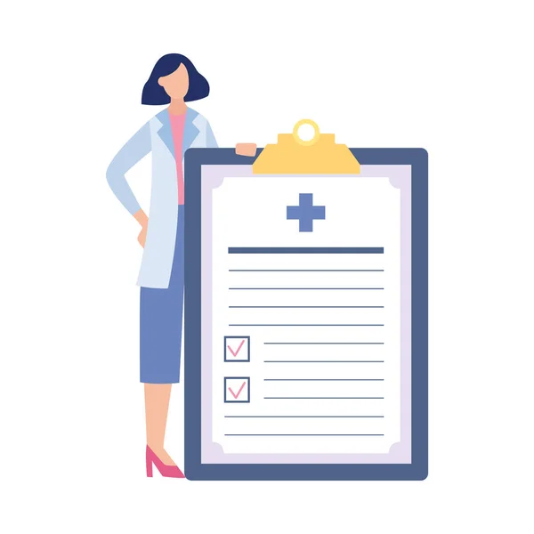 Woman doctor near checklist for medical exam, flat vector illustration isolated. — Stock Vector