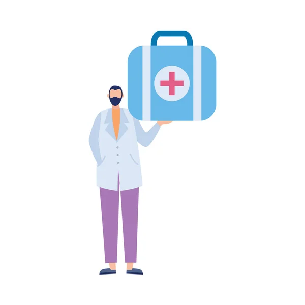 Doctor character holding huge first aid kit flat vector illustration isolated. — Stock Vector