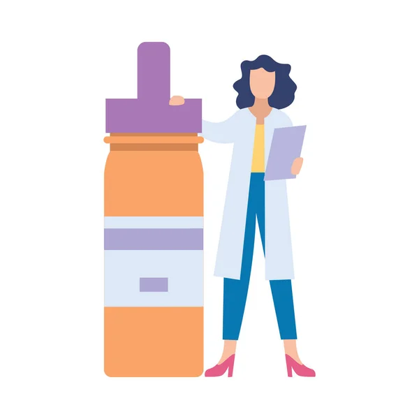 Kvinna läkare eller farmakolog med läkemedel, platt vektor illustration isolerad. — Stock vektor