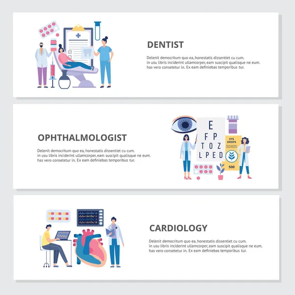 Examen de salud por dentista, oftalmólogo y cardiólogo, ilustración vectorial plana. — Archivo Imágenes Vectoriales