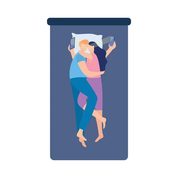 Gadget and internet addicted couple in bed flat vector illustration isolated. — Stock Vector