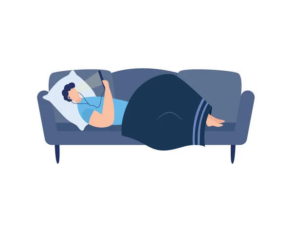 Mann auf Couch oder Sofa mit Handy, flache Vektordarstellung isoliert. — Stockvektor