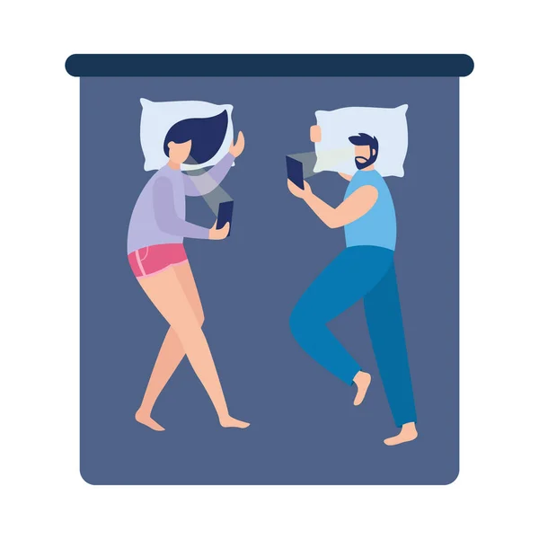 Paar schlaflos wegen Handysucht. — Stockvektor
