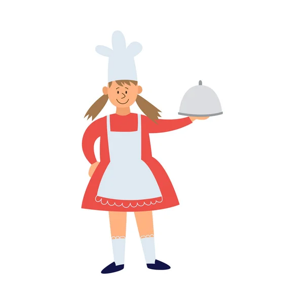 Petite fille cuisinière en chapeau debout avec plat plat vecteur illustration isolé. — Image vectorielle