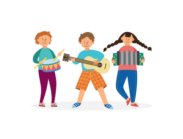 Niños personajes juegan instrumentos musicales, vector plano ilustración aislado. — Vector de stock