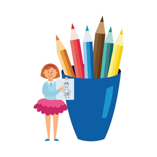 Barnmålare nära låda med färgade pennor platt vektor illustration isolerad. — Stock vektor