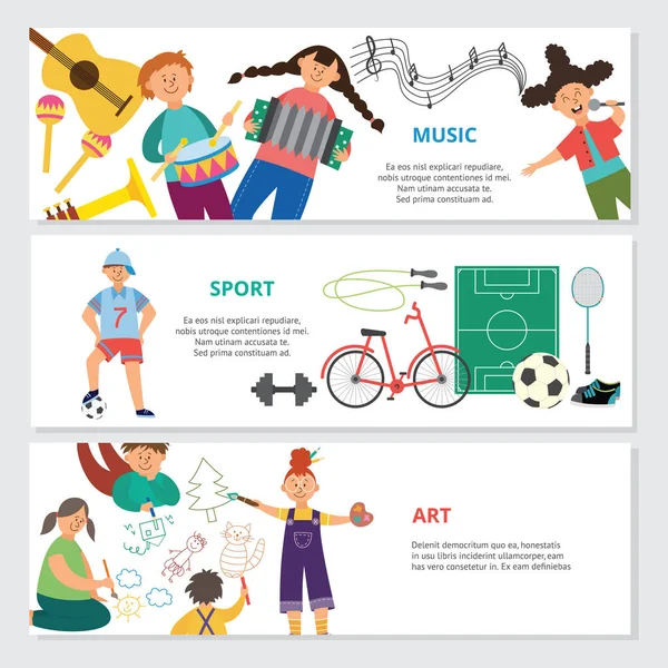 Set banners för barn konst, musik och sport klasser platt vektor illustration. — Stock vektor
