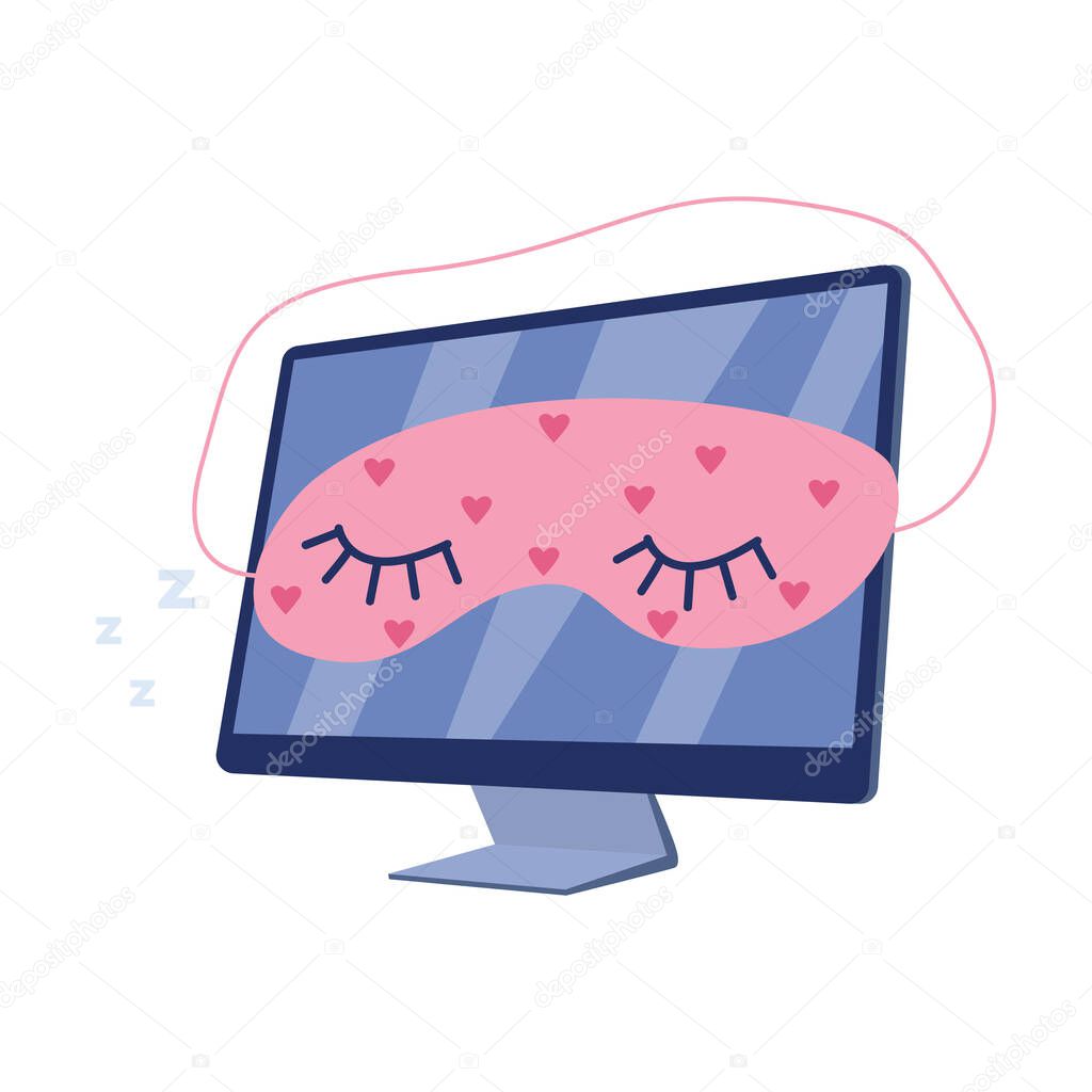 Computer display sleeping with mask on screen flat vector illustration isolated.