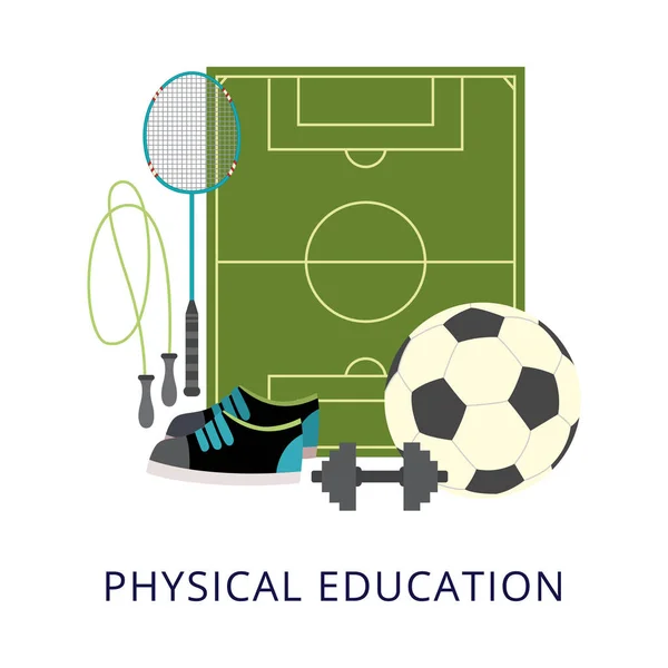 โปสเตอร์เรื่องการศึกษาทางกายภาพของโรงเรียนที่มีอุปกรณ์กีฬา — ภาพเวกเตอร์สต็อก