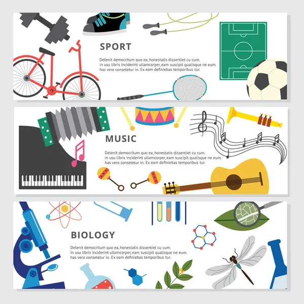 Banners with elements of school subjects - PE, music, and biology. — Stock Vector