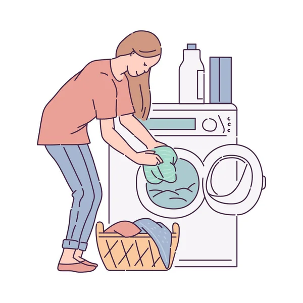 Ama de casa poniendo la ropa en la lavadora, dibujo vector ilustración. — Vector de stock