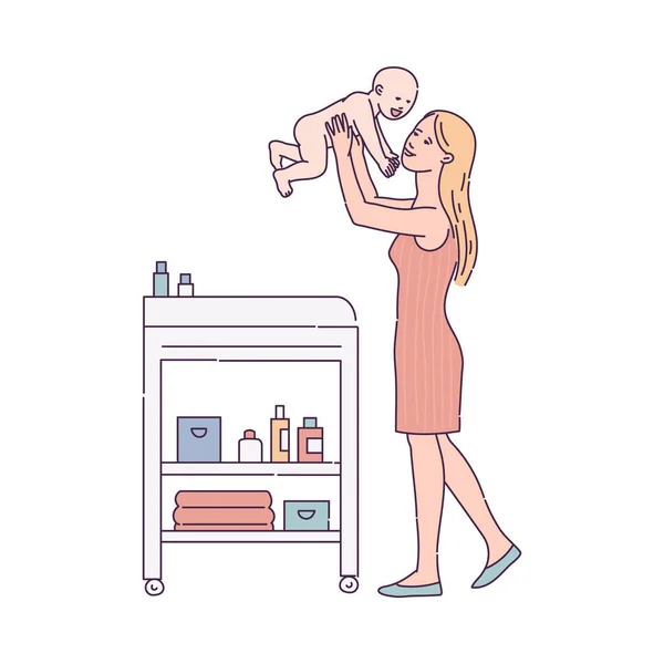 Mor tar hand om nyfödda barn skiss tecknad vektor illustration isolerad. — Stock vektor