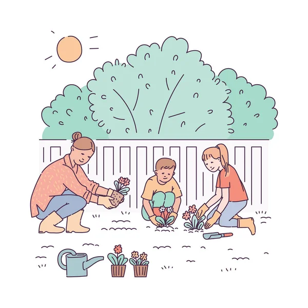 Famille engagée dans le jardinage et la plantation illustration vectorielle de dessin animé isolé. — Image vectorielle