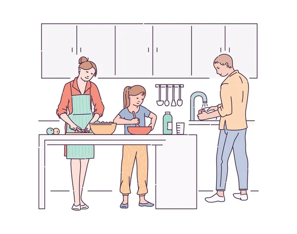 Οικογενειακή ρουτίνα και καθημερινή οικιακές δουλειές σκίτσο διανυσματική απεικόνιση απομονωμένη. — Διανυσματικό Αρχείο