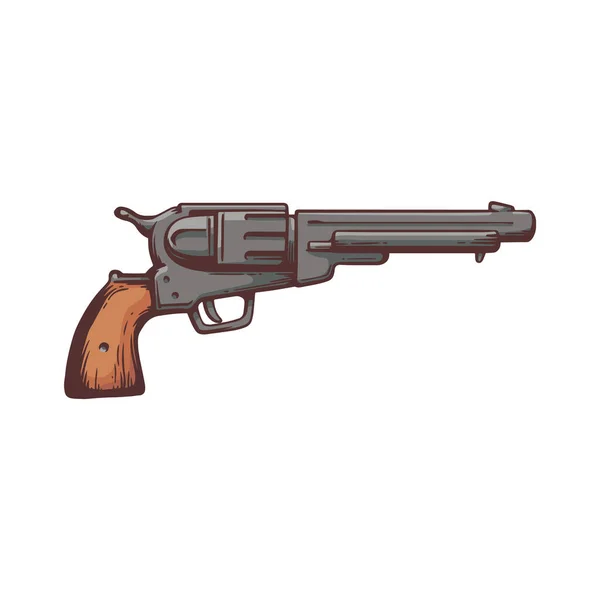 역 리볼버 (Retro revrover) 또는 카우보이건 (cowboy gun) 만화 아이콘, 스케치 벡터 일러스트. — 스톡 벡터