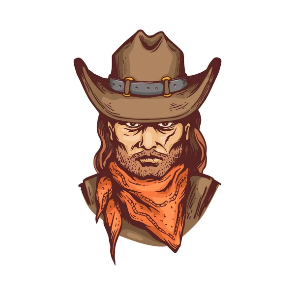 Retrato de cowboy em chapéu e bandana, desenho animado ilustração vetorial isolado. — Vetor de Stock