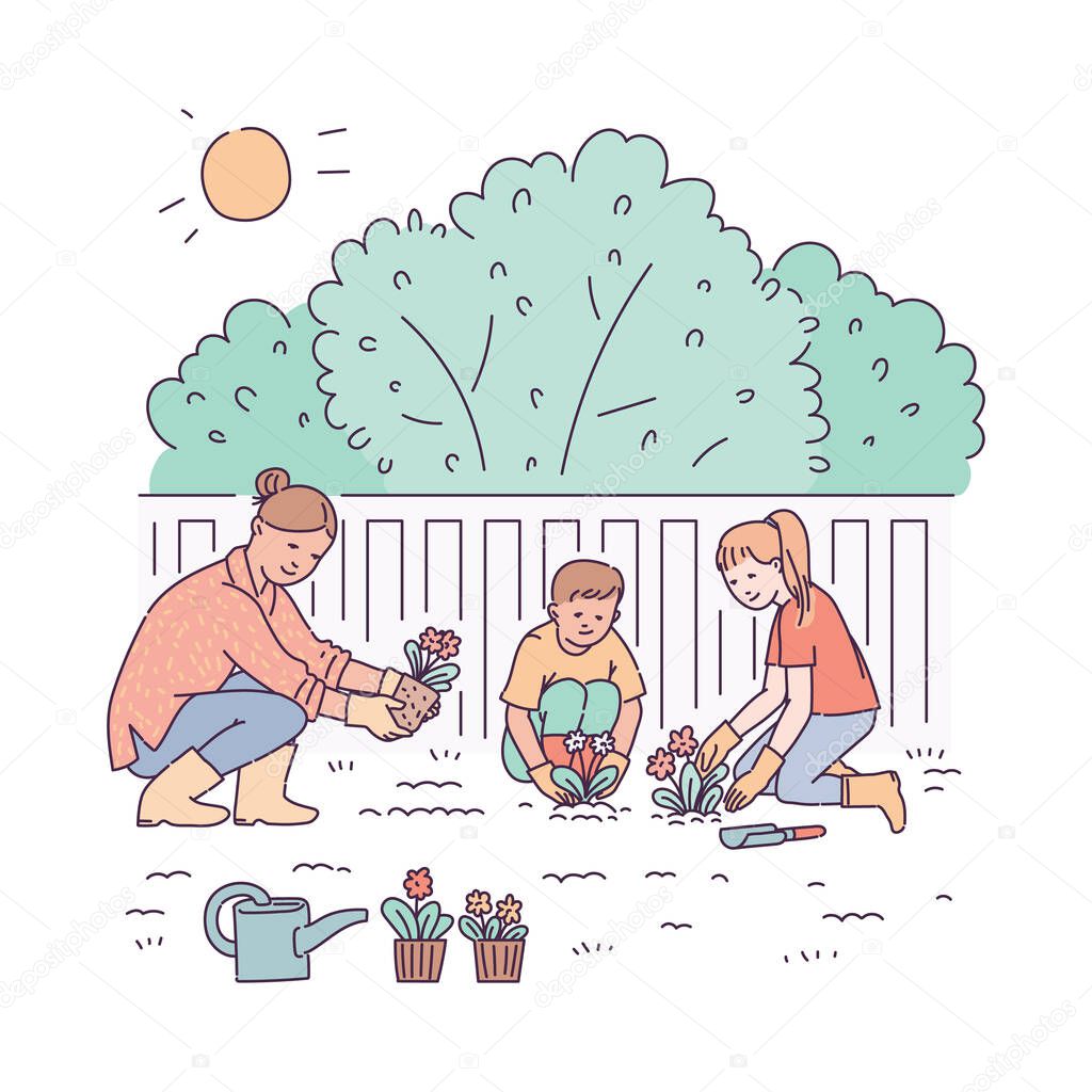 Family engaged with gardening and planting cartoon vector illustration isolated.