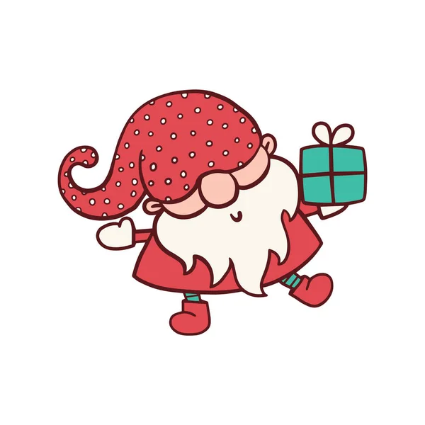 Vicces karácsonyi tündér törpe ajándék doboz rajzfilm vektor illusztráció elszigetelt. — Stock Vector
