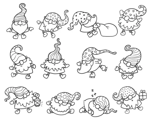 Line art set of Christmas gnomes or dwarves sketch vector illustration isolated. — Stock Vector