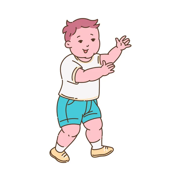 Niño empezando a caminar por sí mismo, dibujo vector ilustración aislado. — Vector de stock