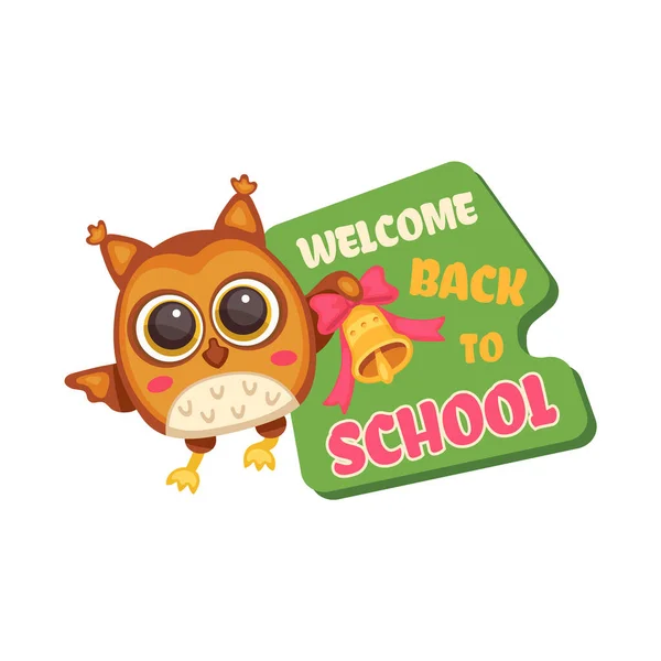 Caricature hibou avec Bienvenue à nouveau à l'école signe et cloche — Image vectorielle