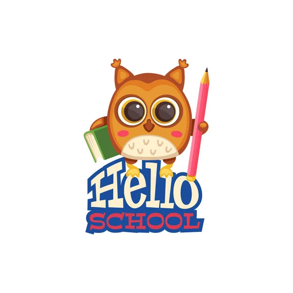 Bonjour école avec smart hibou oiseau personnage plat vecteur illustration isolé. — Image vectorielle